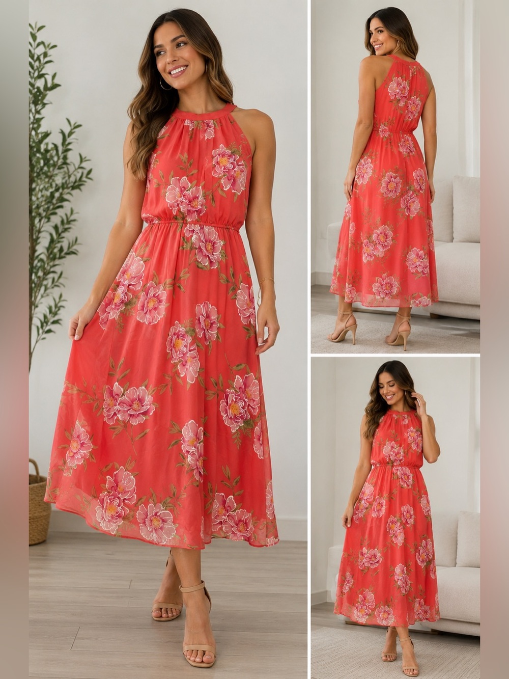 ✨Robbie Bee Coral Floral Halter Maxi Dress Size 10